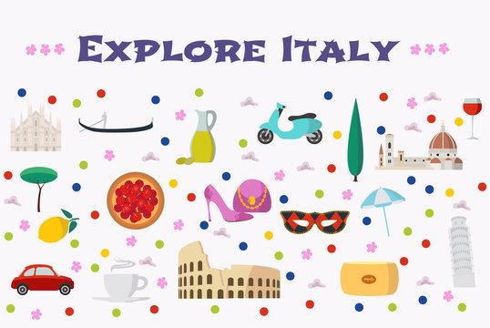 Italy vector illustration with Italian landmarks, food as background