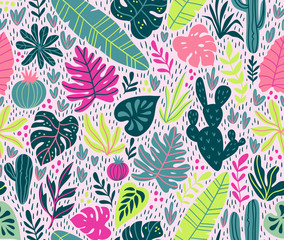 Seamless pattern with wild tropical rainforest. Tropic vector repeating background.