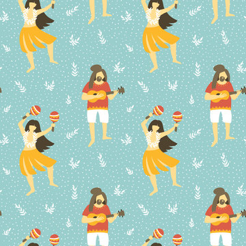 Seamless vector hawaii pattern. Summer background with dancing girls and men playing ukulele . Bright ethnic design.
