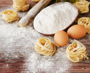 A set of products for cooking pasta with wheat flour, a selective focus