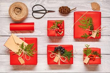 Christmas presents on wooden background
