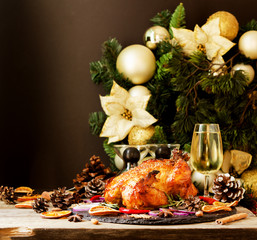Fototapeta na wymiar Baked turkey for Christmas or New Year space for text