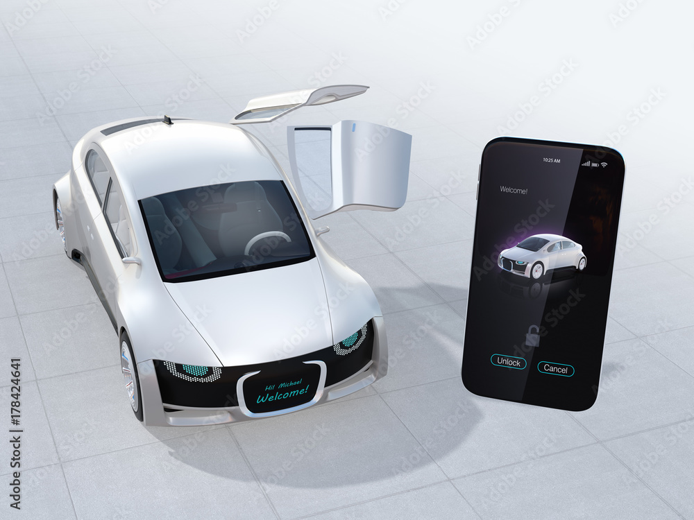 Poster using smart phone sharing app to unlock car's doors. car sharing concept. 3d rendering image.