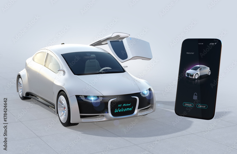 Poster using smart phone sharing app to unlock car's doors. car sharing concept. 3d rendering image.
