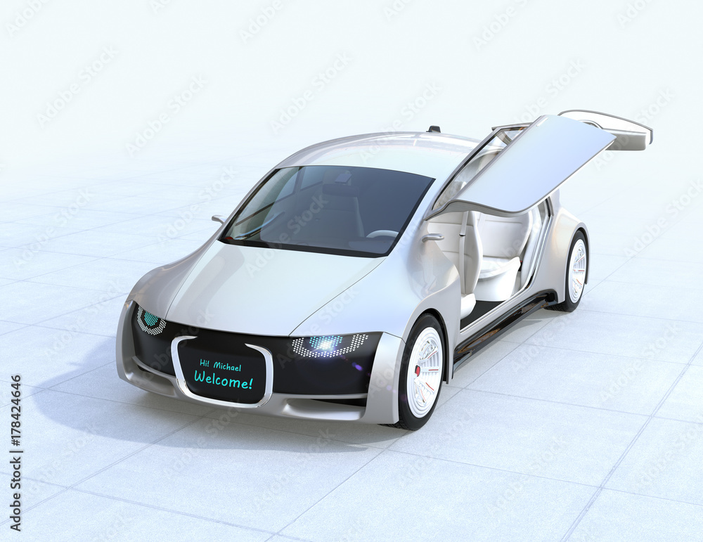 Poster self-driving car's front grille showing digital signage when doors unlocked. concept for communicati