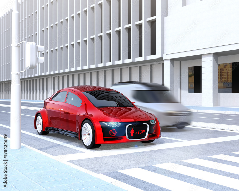 Poster self-driving car's front grille showing digital signage for pedestrian. concept for communication be
