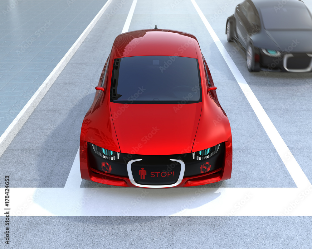 Poster self-driving car's front grille showing digital signage for pedestrian. concept for communication be