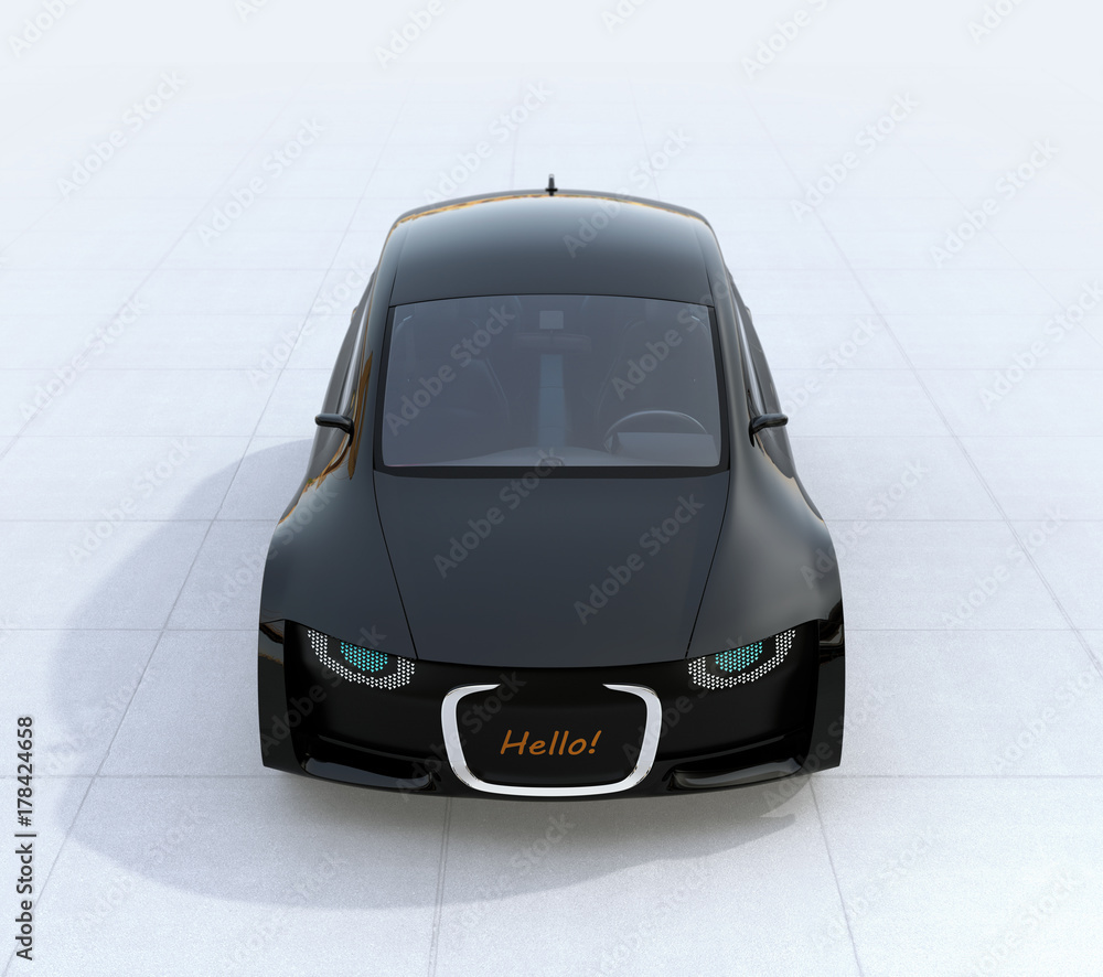 Poster front view of self-driving car parking on the ground. front grille with digital sign. 3d rendering i