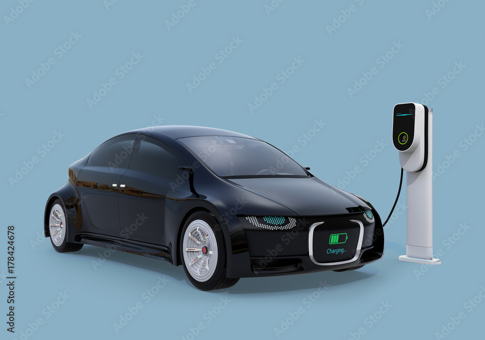 Poster electric car charging in charging station. front grille with digital monitor display charging progre