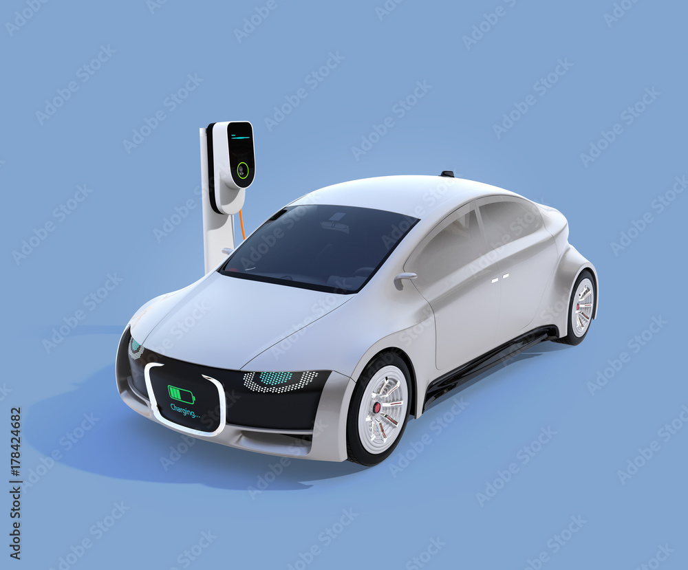 Poster electric car charging in charging station. front grille with digital monitor display charging progre