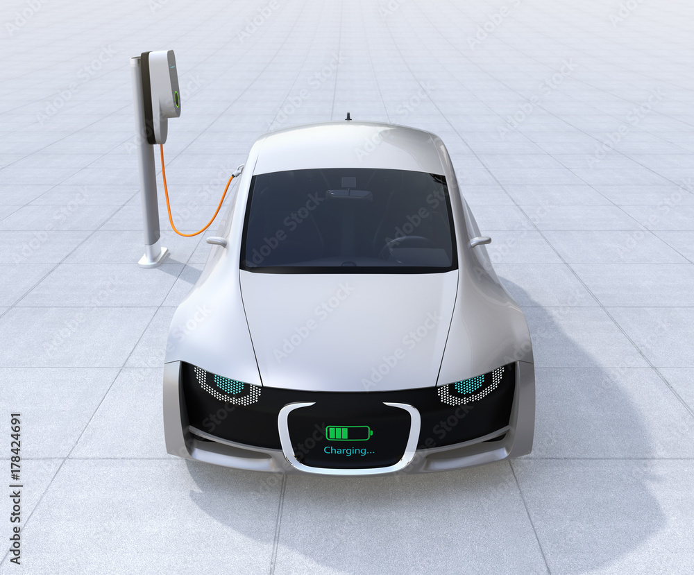 Poster electric car charging in charging station. front grille with digital monitor display charging progre