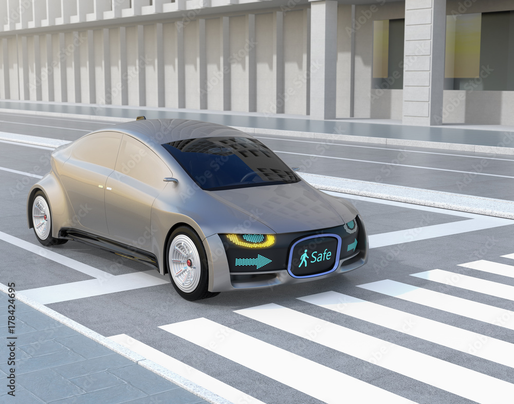 Poster black self-driving car's front grille showing digital signage for pedestrian. concept for communicat