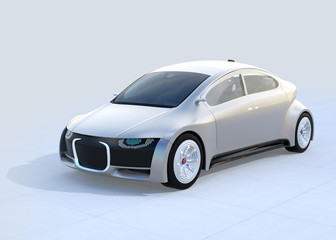 Fototapeta na wymiar Silver self-driving car parking on the ground. Front grille with digital headlight. 3D rendering image.