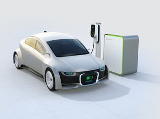 Electric car charging in charging station. Front grille with digital monitor display charging progress. 3D rendering image.