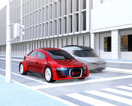 Self-driving car's front grille showing digital signage for pedestrian. Concept for communication between autonomous car and pedestrian. 3D rendering image.