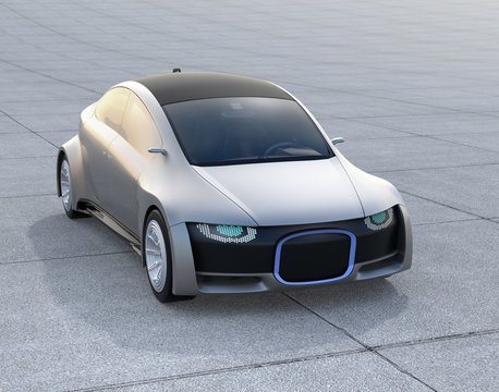 Silver self-driving car parking on the ground. Front grille with digital headlight. 3D rendering image.
