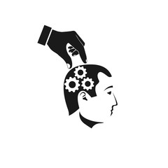 Mind control black icon. Improvement brain concept. Direction of thought. Repair of damaged brain. Vector illustration flat design. Isolated on white background. Gears in head.