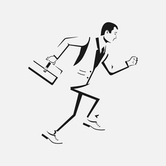 Businessman running with briefcase silhouette. Dynamic business concept. Late for work. Successful man in a suit run for work. Vector minimal line design. Isolated on background. Business people.