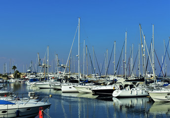 Obraz premium Marina bay, moored sailboats, Cyprus.
