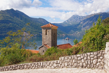 Fototapeta na wymiar View of Bay of Kotor and island of Our Lady of the Rocks from ancient town of Perast, Montenegro