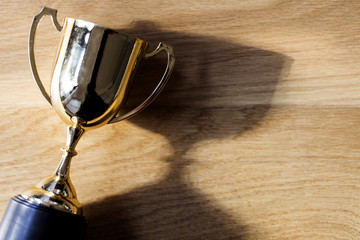Gold winners trophy award on a wooden background