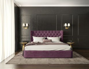 Classic luxury modern chic bedroom with tufted bed front view