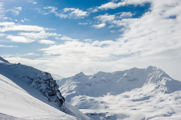 Alpine winter mountain landscape. French Alps with snow.