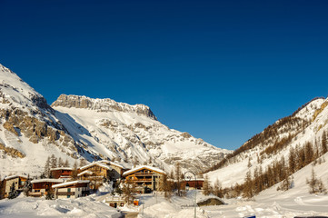 Alpine winter mountain landscape. French Alps with snow.