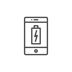 Smartphone charging battery line icon, outline vector sign, linear style pictogram isolated on white. Phone low battery symbol, logo illustration. Editable stroke