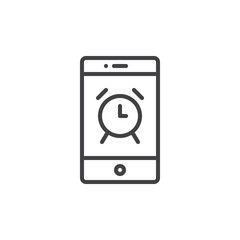 Smartphone with alarm clock on display line icon, outline vector sign, linear style pictogram isolated on white. Mobile phone and watch symbol, logo illustration. Editable stroke
