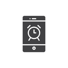 Smartphone with alarm clock on display icon vector, filled flat sign, solid pictogram isolated on white. Mobile phone and watch symbol, logo illustration