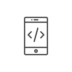 Smartphone with code on display line icon, outline vector sign, linear style pictogram isolated on white. Mobile phone coding symbol, logo illustration. Editable stroke