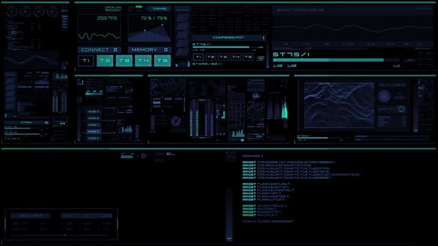 Glowing blue futuristic interface/Digital screen/Detailed abstract background. Blinking and switching indicators of command center computer,processing data, AI.