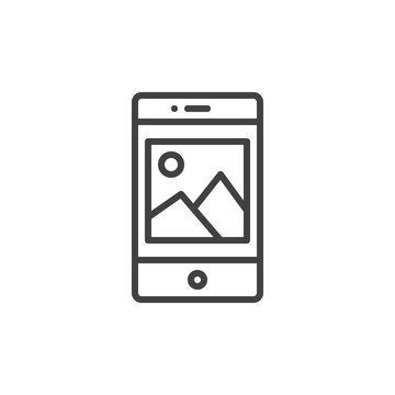 Smartphone with picture on display line icon, outline vector sign, linear style pictogram isolated on white. Mobile phone and photo symbol, logo illustration. Editable stroke
