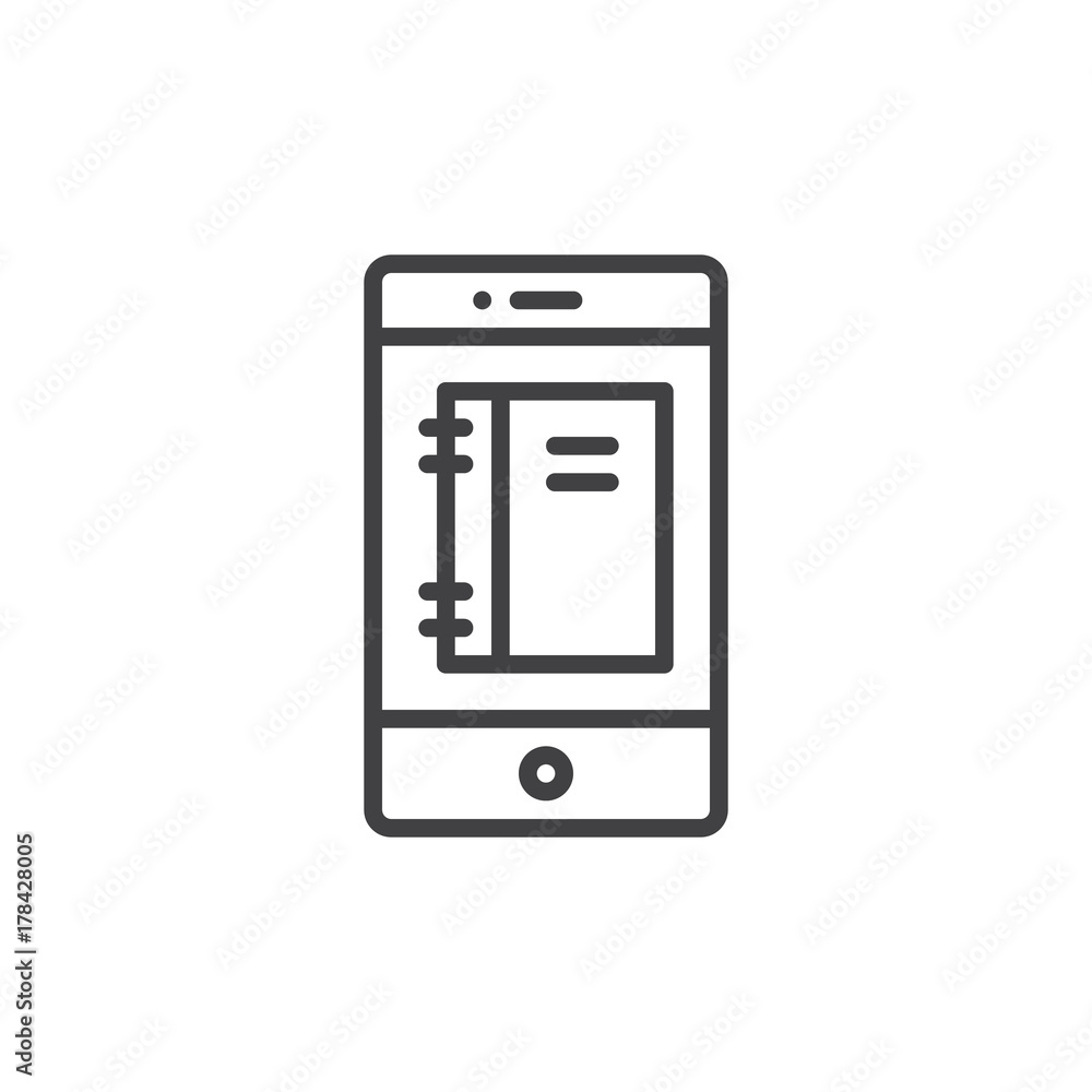 Poster smartphone with notepad on display line icon, outline vector sign, linear style pictogram isolated o