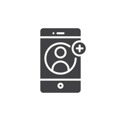 Smartphone with contact add on display icon vector, filled flat sign, solid pictogram isolated on white. Add user symbol, logo illustration.