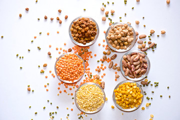 Collection of Various Seeds in Black Gram, Red Lentils, Masoor Dal, Green Mung Beans, Split Chickpea, Toor Dal, Raw Split Mung Bean Lentils, Chick Pea, Kabuli Chana, Dried Coriander, Yellow Split