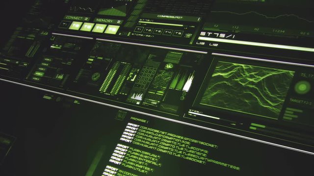 Perspective view of deep green futuristic interface/Digital screen/Detailed abstract background. Blinking and switching indicators of command center computer,processing data, AI.