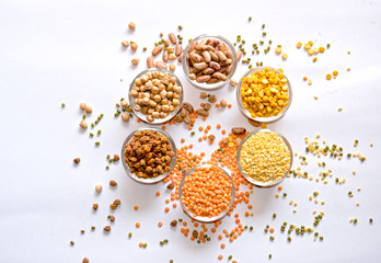 Collection of Various Seeds in Black Gram, Red Lentils, Masoor Dal, Green Mung Beans, Split Chickpea, Toor Dal, Raw Split Mung Bean Lentils, Chick Pea, Kabuli Chana, Dried Coriander, Yellow Split