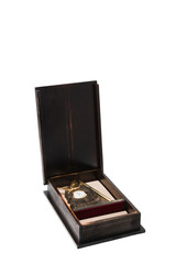 Wooden box with a souvenir inside on a white background