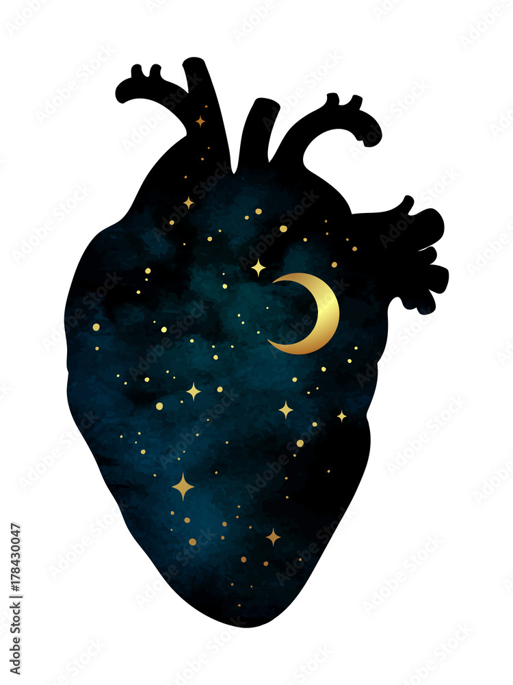 Wall mural silhouette of human heart with universe inside. crescent moon and stars. sticker, print or tattoo de