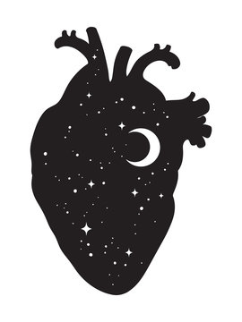 Naklejki Silhouette of human heart with universe inside. Crescent moon and stars. Sticker, print or tattoo design vector illustration isolated.