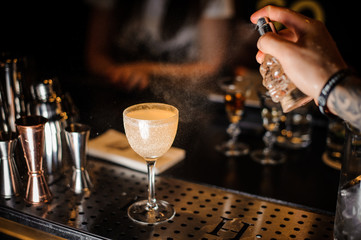 Barman decorating a glass of alcoholic cocktail