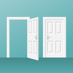 Open and closed white door isolated on background. Vector illustration flat style. Isolated on white background. Element of interesting design.