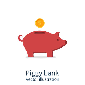 Piggy bank icon isolated on white background. Vector illustration flat design. Gold dollar coin drops into money box. Save budget. Economy finance.