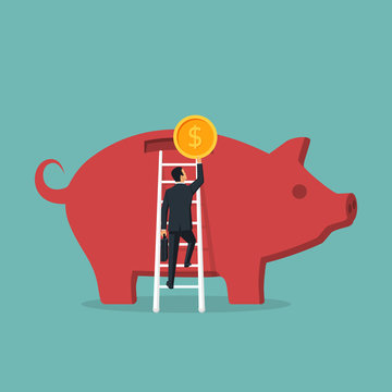 Businessman climbs stairs to big piggy bank hold coin in hand. Vector illustration, flat style design. Making saving. Economy of money.