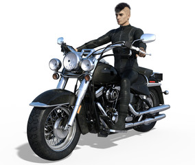 Fototapeta na wymiar Handsome biker in black leather outfit isolated on white. 3d render