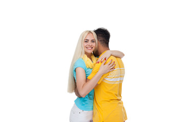 Beautiful Young Happy Couple Love Smiling Embracing, Hispanic Man Woman Smile Isolated Over White...