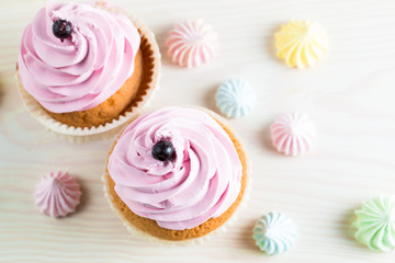 Closeup of cupcakes with vanilla, berries, pink and white cream, chocolate and sprinkles on wooden background. Selective focus. Sweet dessert tasty food concept muffin.