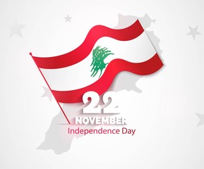 22 November. Lebanon Independence Day greeting card.   Celebration background with map silhouette and waving flag. Vector illustration